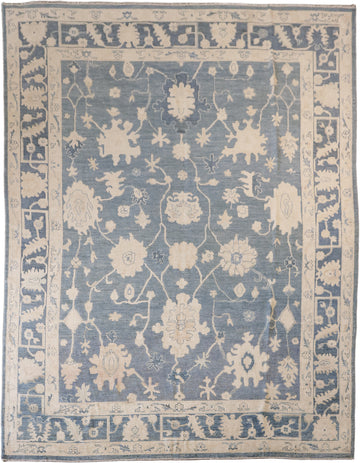 Classic Blue Floral Grey Oriental Oushak Rug with Ornate Border for Luxurious Interiors 9x12