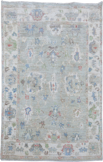 Muted Green All Over Traditional Oushak Oriental Wool Rug 4x6