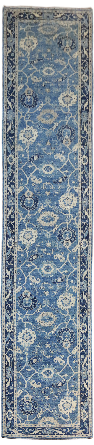 Outstanding! Blue Vegetable Dye Wool Oriental Oushak Turkish Runner Rug 4x19