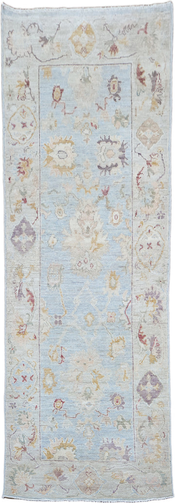 Blue Vegetable Dye Wool Oushak Turkish Runner Rug 3x8