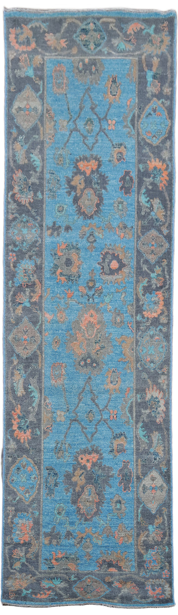 Blue Wool Oushak Turkish Runner Rug 3x10