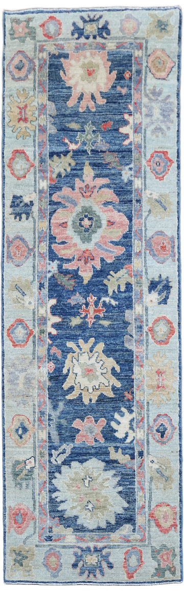 Blue Vegetable Dye Wool Oushak Turkish Runner Rug 3x9