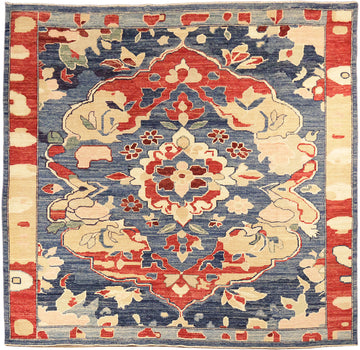 Blue Square Vegetable Dye Wool Oushak Turkish Area Rug 8x8