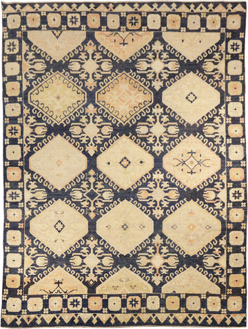 Blue Geometric Wool Oushak Turkish Area Rug 9x12