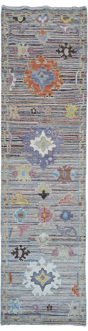 Unique Geometric Wool Oushak Turkish Runner Rug 3x10