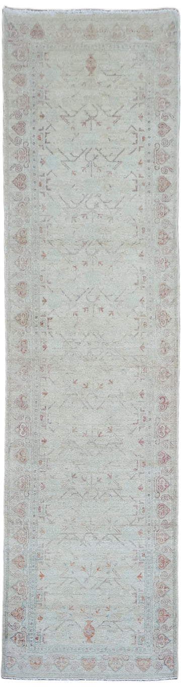 Muted Wool Geometric Oushak Turkish Runner Rug 3x9