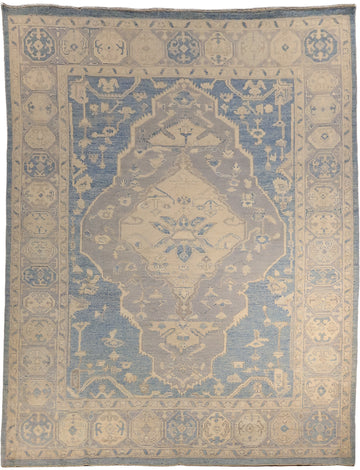 Muted Geometric Blue Oushak Turkish Area Wool Rug 9x12