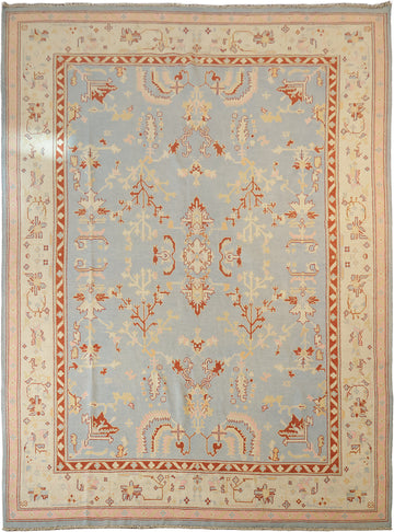Vegetable Dye Wool Muted Blue Oushak Turkish Area Rug 9x12