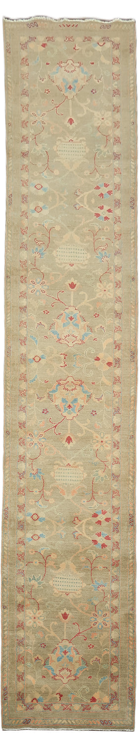 Palace Size Muted Green Oriental Oushak Turkish Runner Wool Rug 3x13