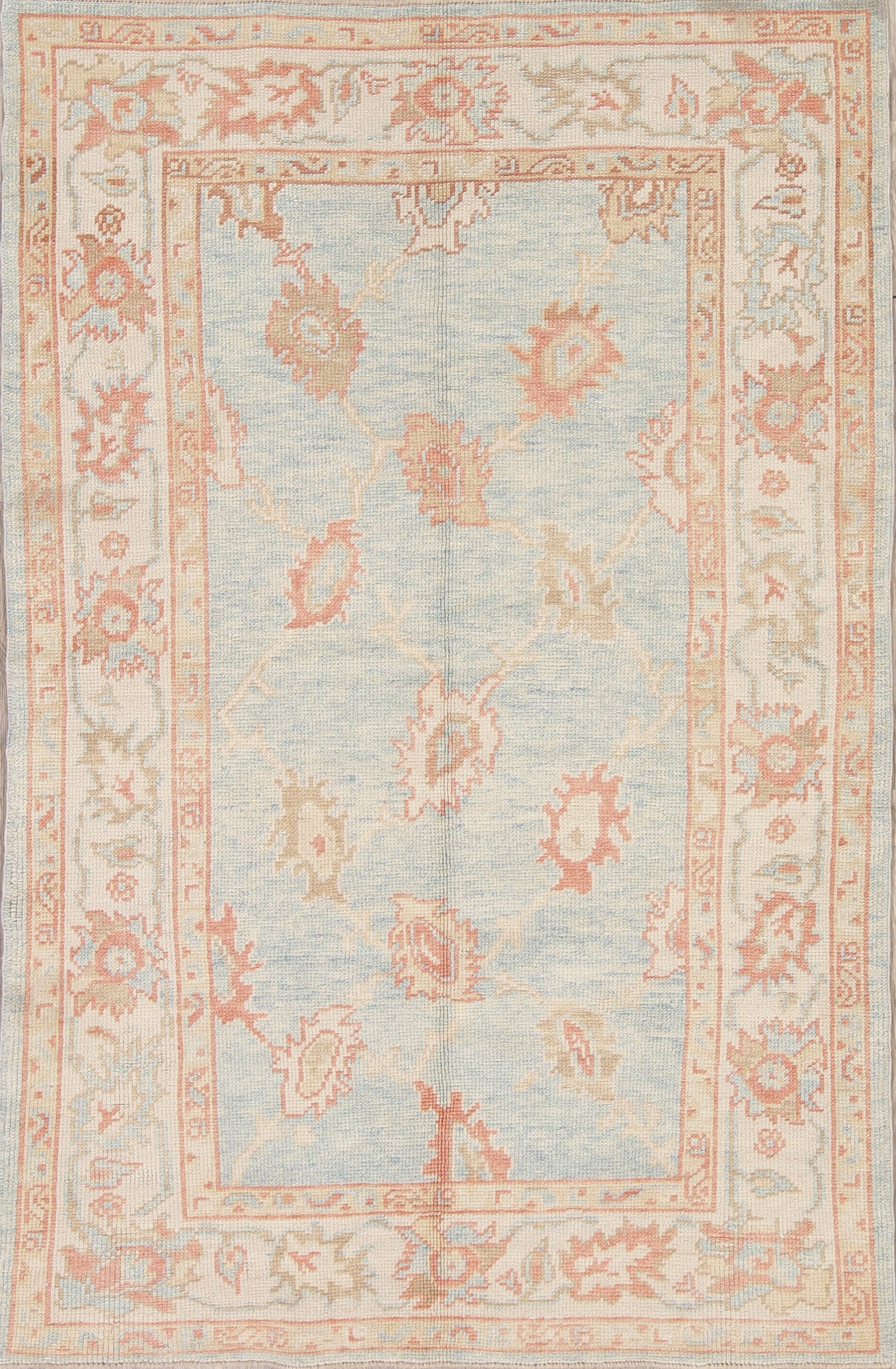 Vegetable Dye Muted Blue Oushak Turkish Hand-Knotted Area Rug 4x7