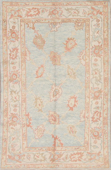 Vegetable Dye Muted Blue Oushak Turkish Hand-Knotted Area Rug 4x7
