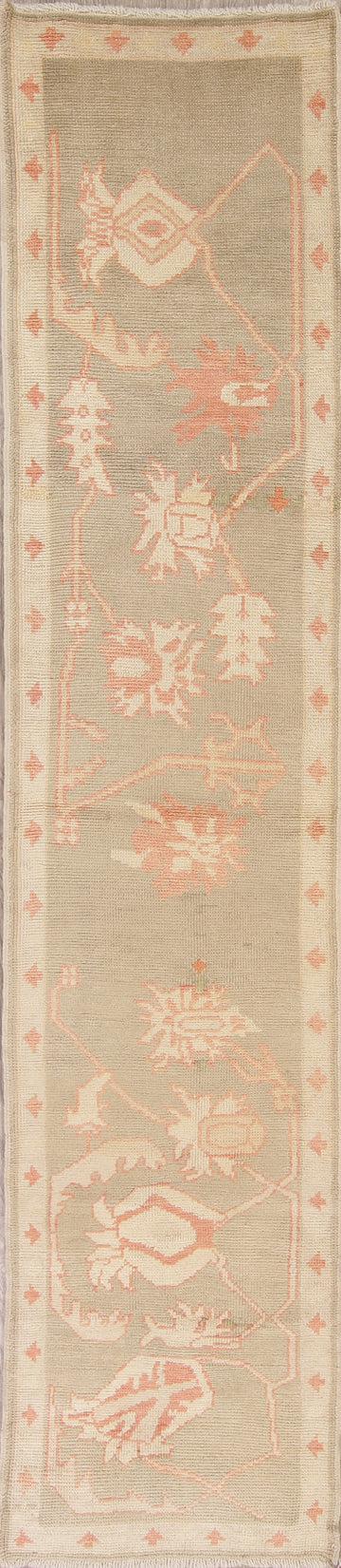 Vegetable Dye Muted All-Over Green Oushak Turkish Hand-Knotted Runner Rug 3x12