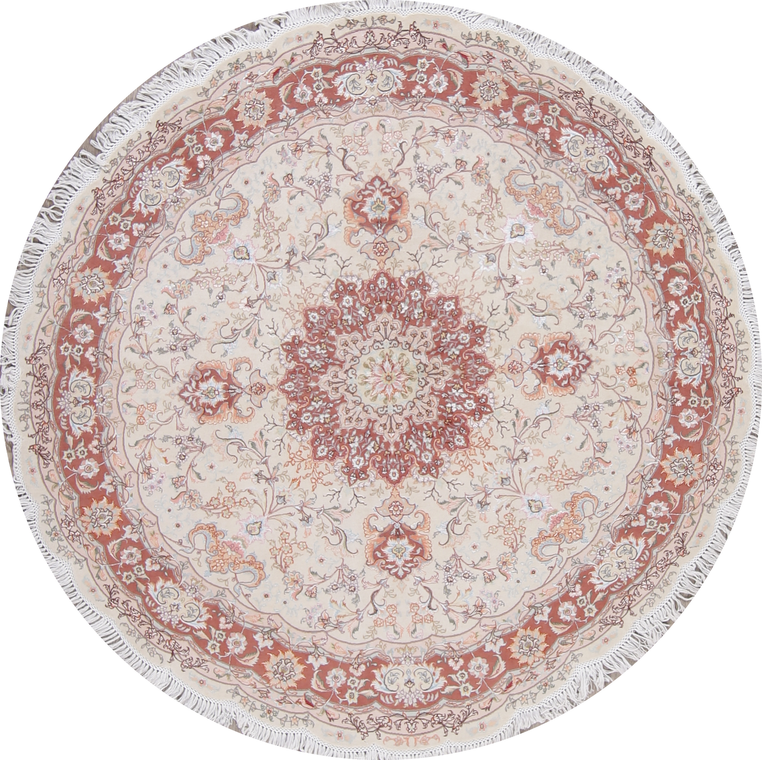 Vegetable Dye Floral Ivory Tabriz Persian Hand-Knotted Round Rug 7x7