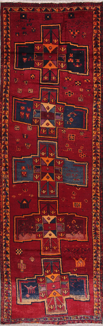 Antique Geometric Lori Persian Hand-Knotted 4x13 Wool Runner Rug