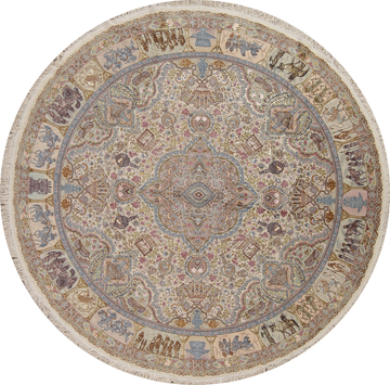 Antique Vegetable Dye Tabriz Persian Hand-Knotted 8x8 Wool Silk Round Rug