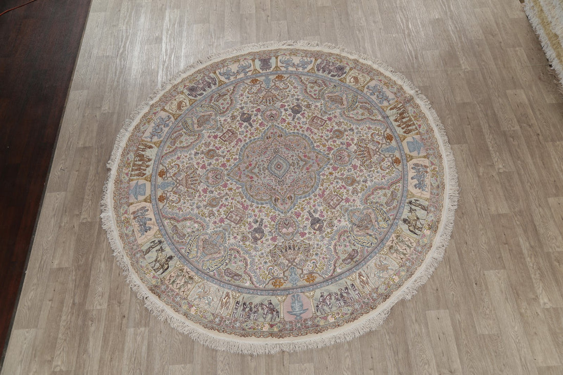 Antique Vegetable Dye Tabriz Persian Hand-Knotted 8x8 Wool Silk Round Rug
