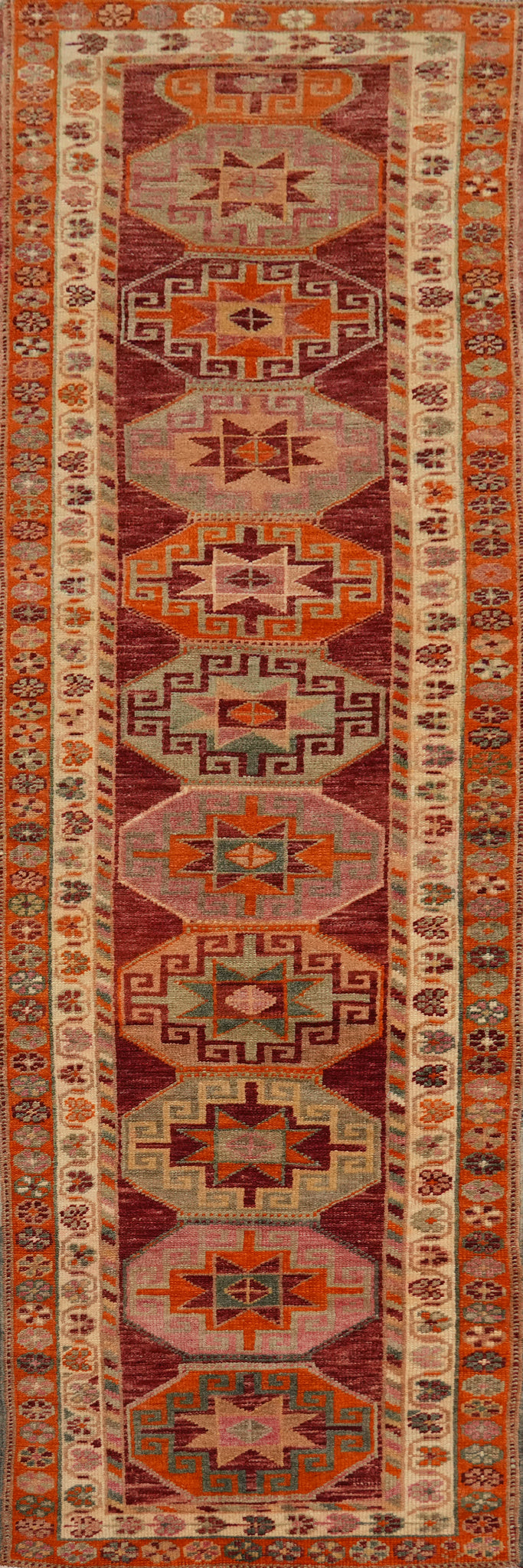 Geometric Wool Kazak Turkish Runner Rug 3x12
