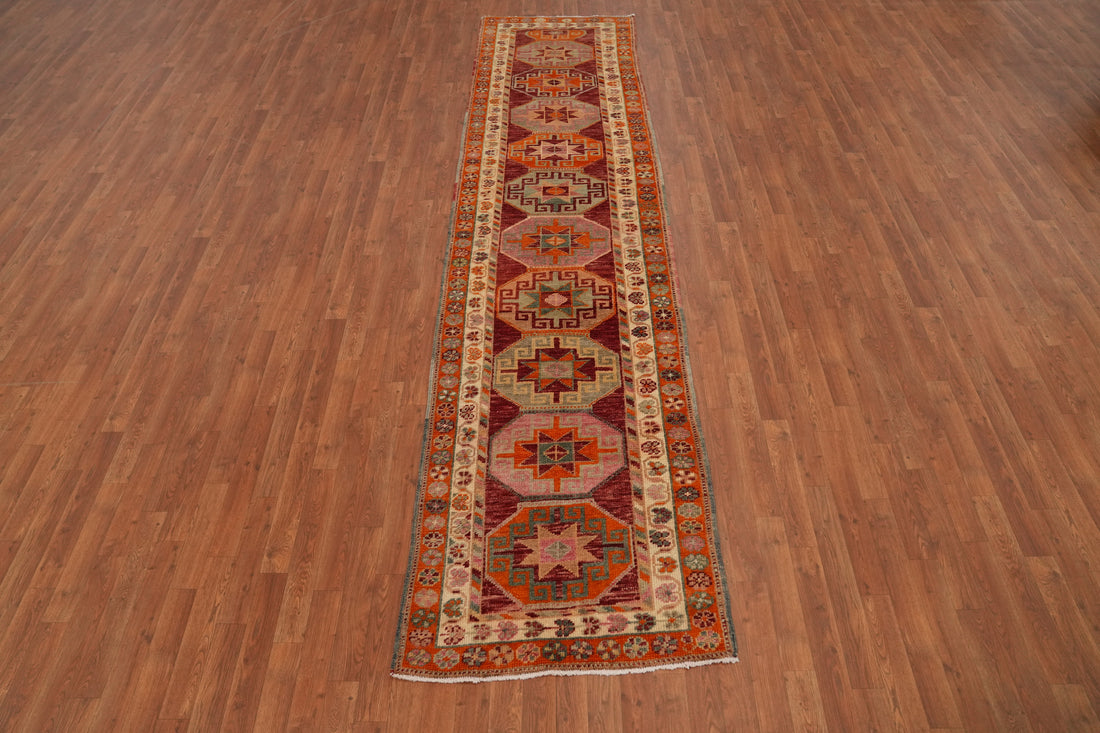 Geometric Wool Kazak Turkish Runner Rug 3x12