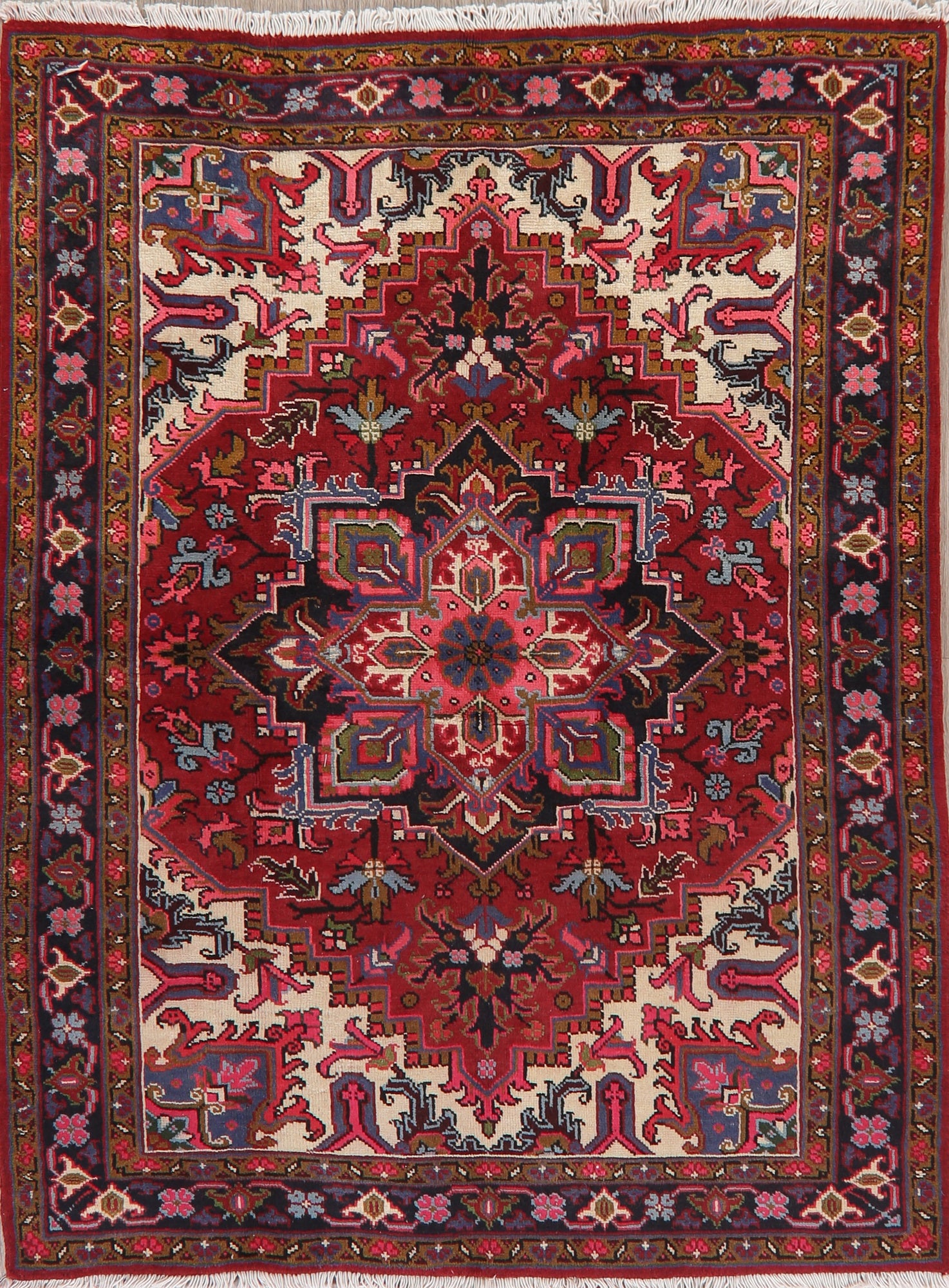 Geometric Red Heriz Persian Wool Area Rug 5x7