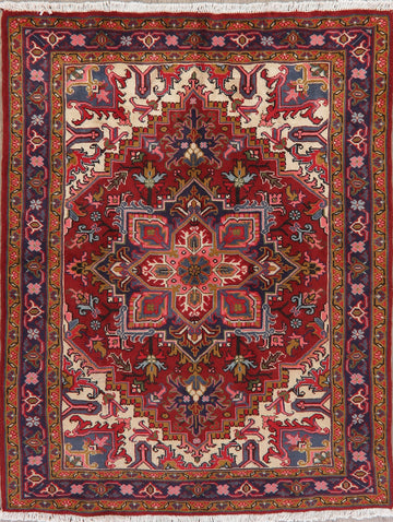 Geometric Red Heriz Persian Wool Rug 5x6