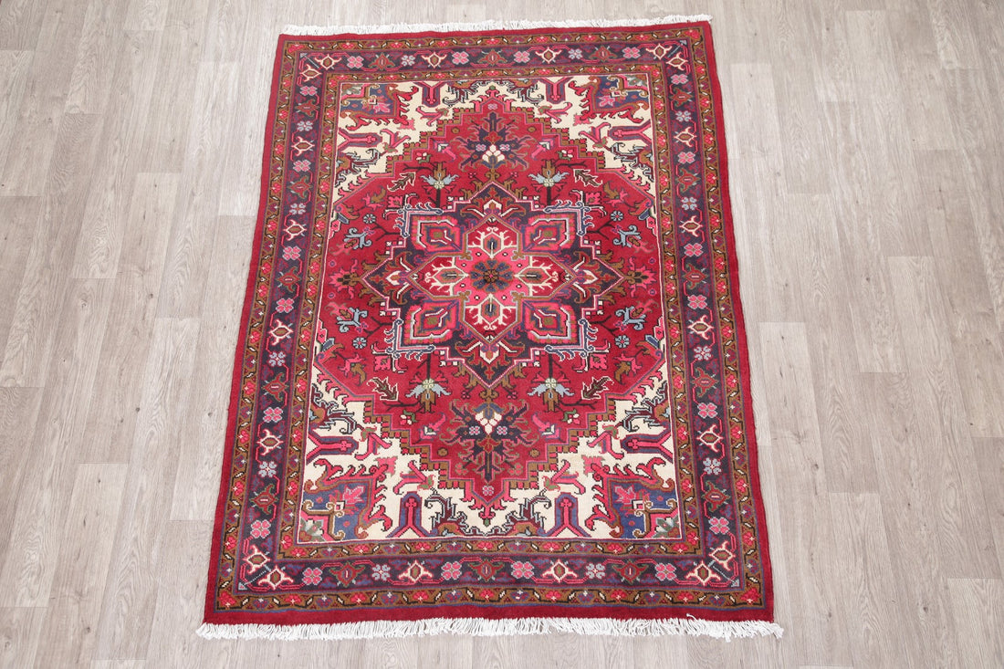 Geometric Red Heriz Persian Wool Area Rug 5x7