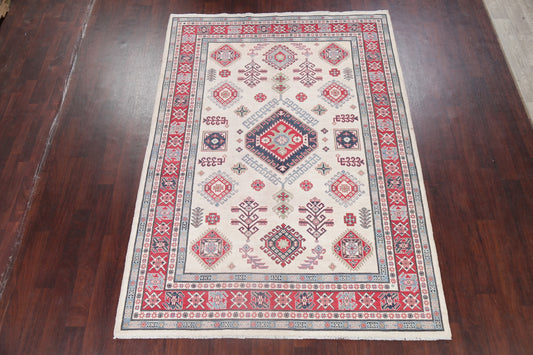 Geometric Ivory Super Kazak Oriental Wool Area Rug 7x9