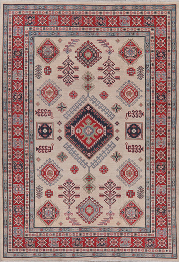 Geometric Ivory Super Kazak Oriental Wool Area Rug 7x9