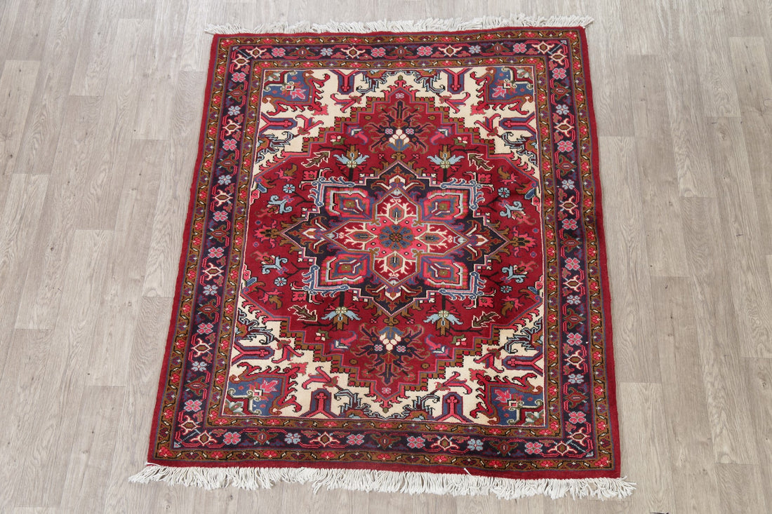 Geometric Red Heriz Persian Area Rug 5x6