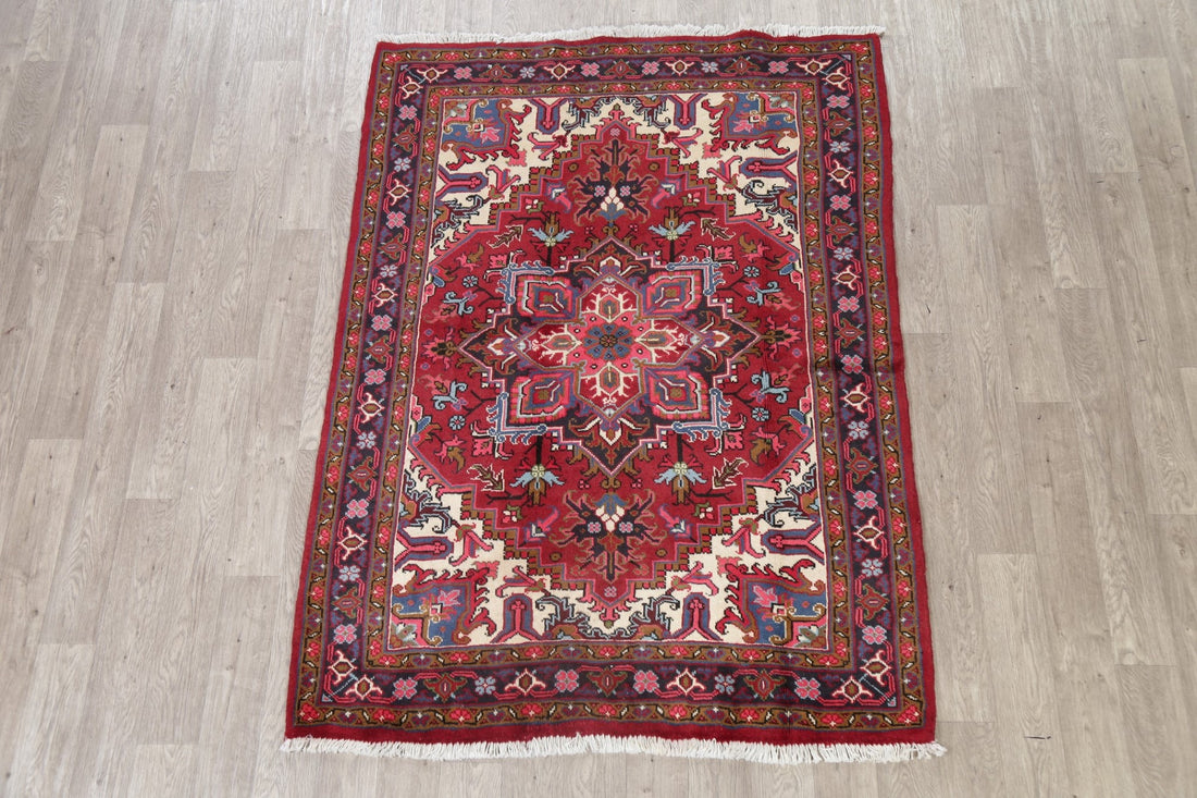 Geometric Red Heriz Persian Area Rug 5x7