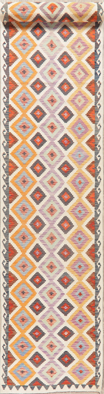 Pastel Geometric Kilim Turkish Runner Rug 3x16