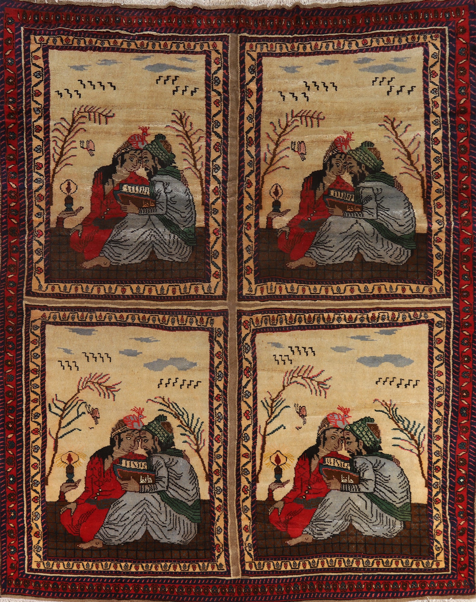 Vintage Pictorial Kashmar Persian Area Rug 9x11