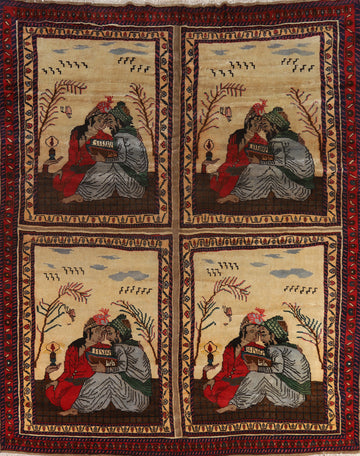 Vintage Pictorial Kashmar Persian Area Rug 9x11