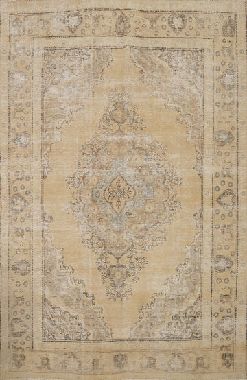 Vintage Distressed Tabriz Beige Persian Area Rug 7x10