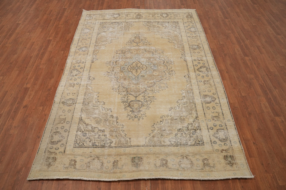 Vintage Distressed Tabriz Beige Persian Area Rug 7x10