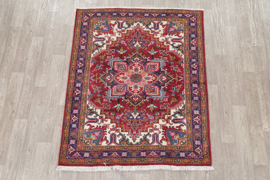 Geometric Red Heriz Persian Area Rug 5x6