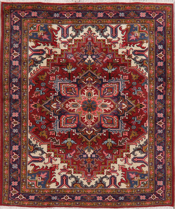 Geometric Red Heriz Persian Area Rug 5x6