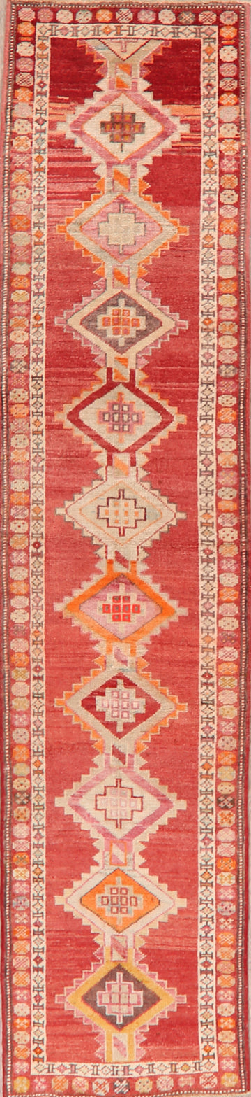 Geometric Red Anatolian Oriental Runner Rug 3x12