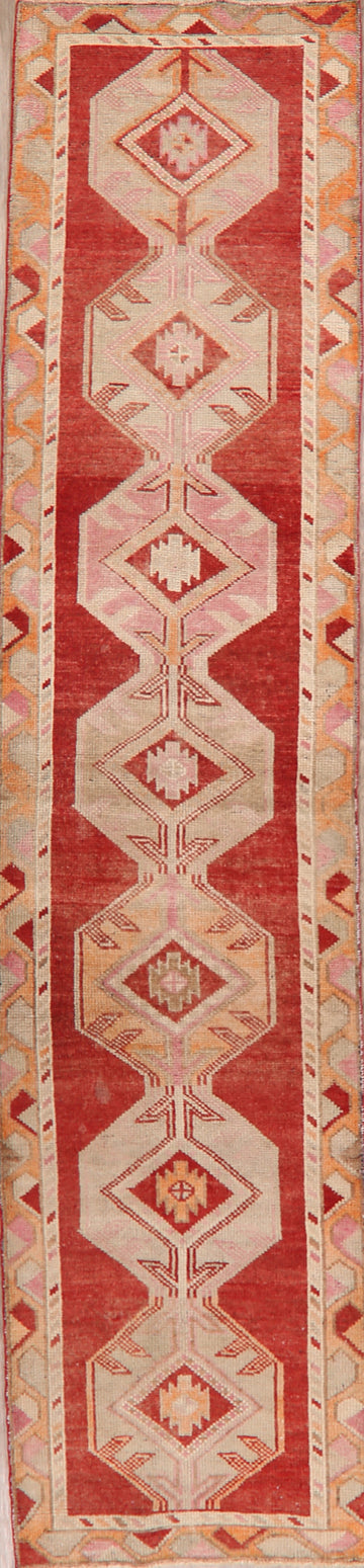 Geometric Red Anatolian Oriental Runner Rug 3x13