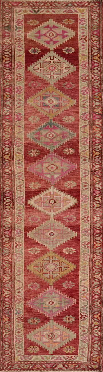 Geometric Red Anatolian Turkish Runner Rug 3x13