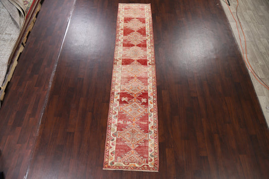 Distressed Geometric Anatolian Oriental Runner Rug 3x12