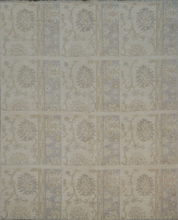 Luxurious Beige and Blue Oushak Turkish Rug with Elegant Floral Patterns 5x6