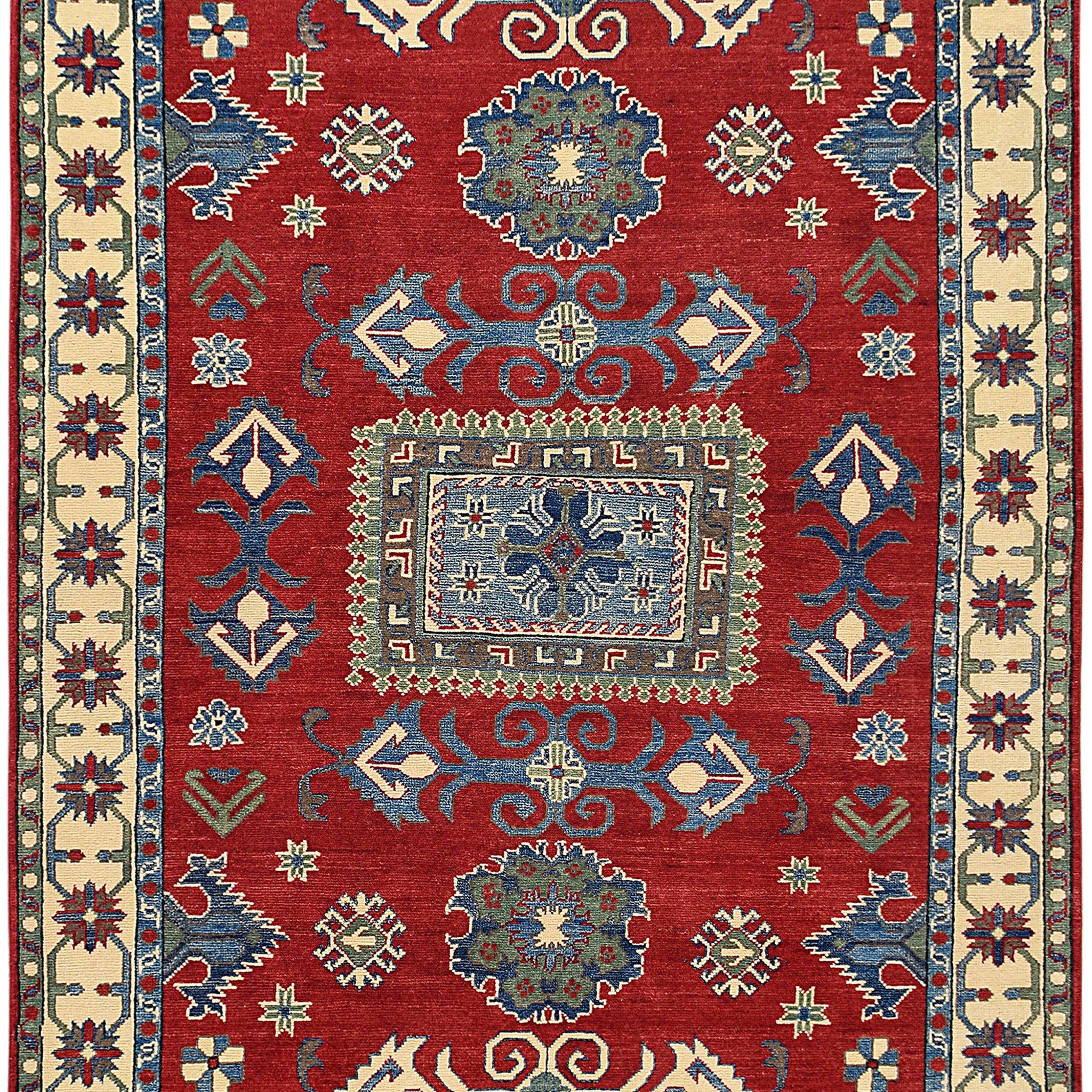 Geometric Red Medallion Super Kazak Oriental Area Rug 5x7