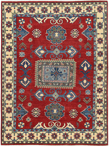 Geometric Red Medallion Super Kazak Oriental Area Rug 5x7