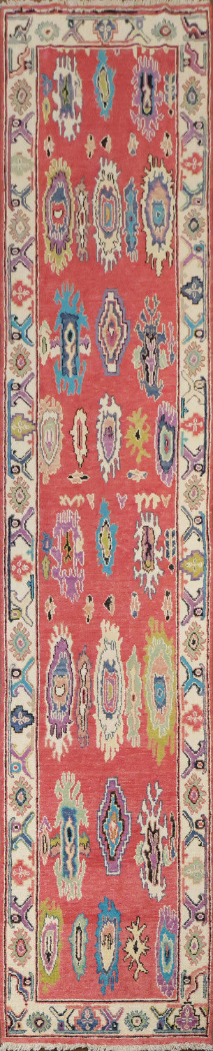 Vibrant Red Oushak Turkish Runner Rug 12' 9'' X 2' 7''