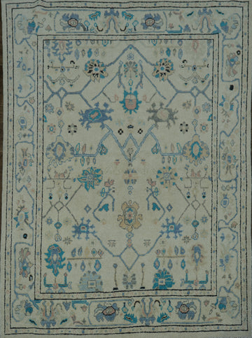 Geometric Beige and Blue Oushak Turkish Rug 5x6