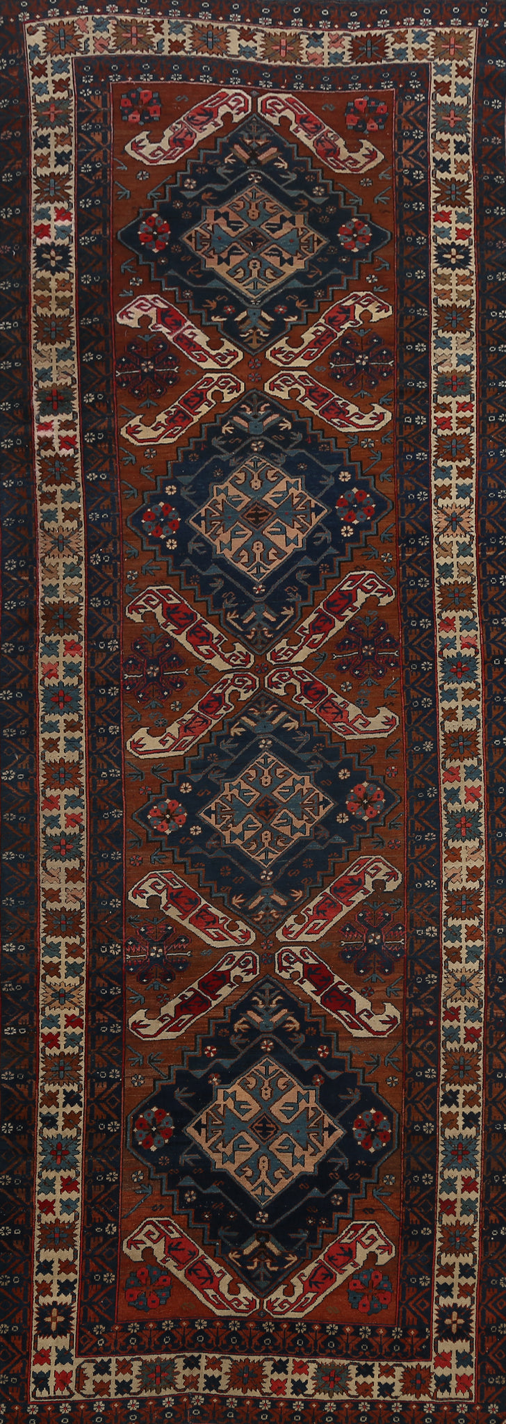 Antique Vegetable Dye Geometric Kazak Russian Oriental Runner Rug 5x11