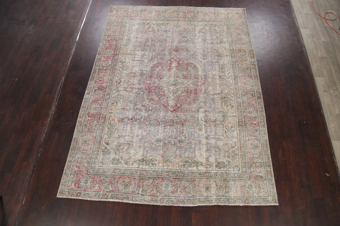 Muted Distressed Floral Tabriz Persian Area Rug 8x11