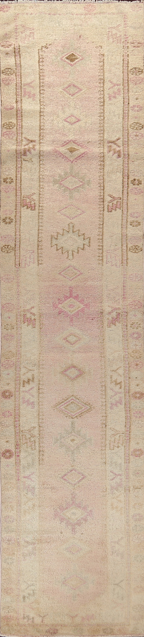 Muted Distressed Geometric Oushak Oriental Runner Rug 2x14
