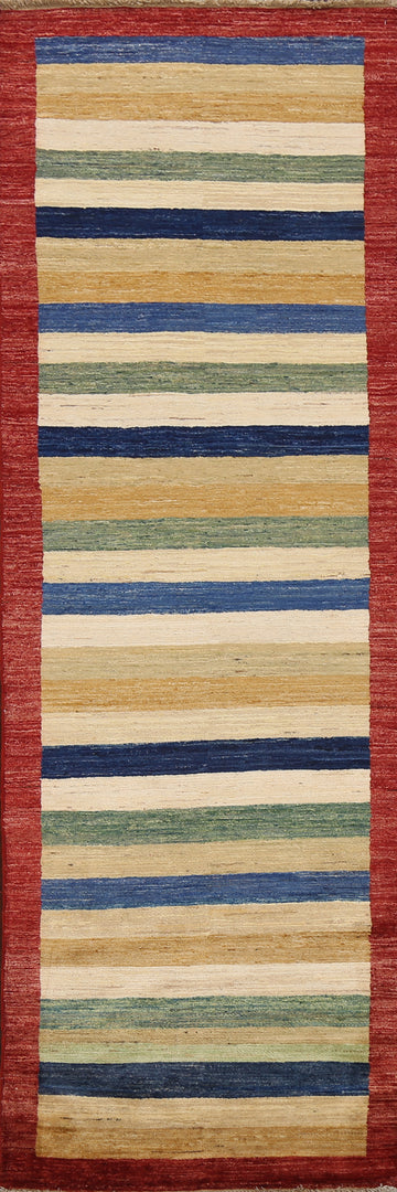 Stripe Contemporary Gabbeh Kashkoli Oriental Runner Rug 3x8