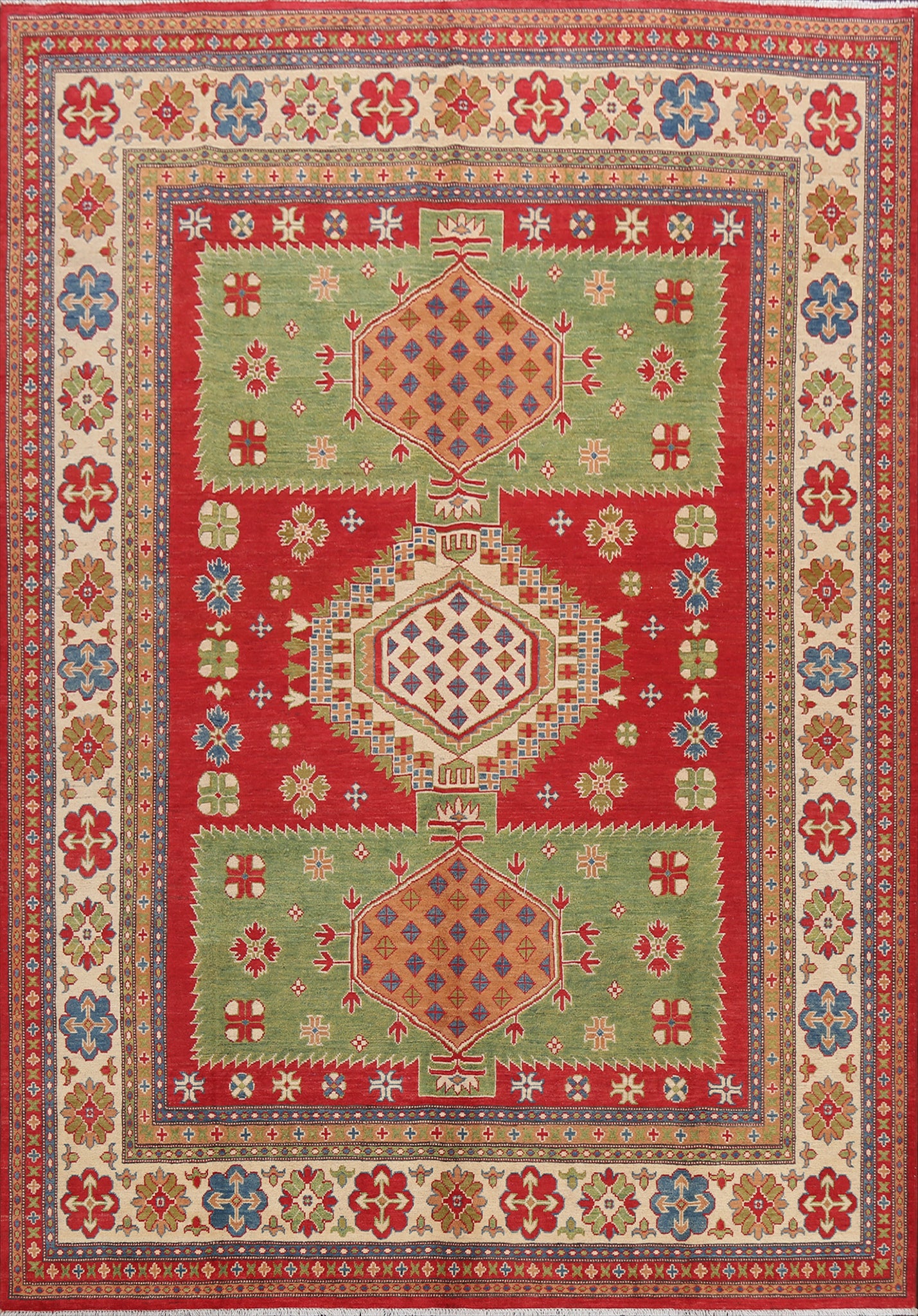 Vegetable Dye Geometric Red/Green Kazak Area Rug 8x10